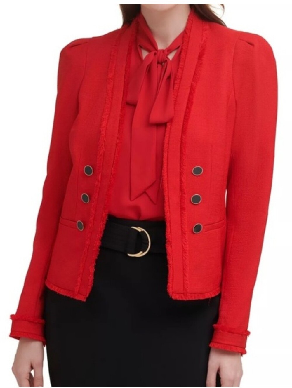 Calvin Klein Bright Red Frayed-Trim Double-Breasted Blazer